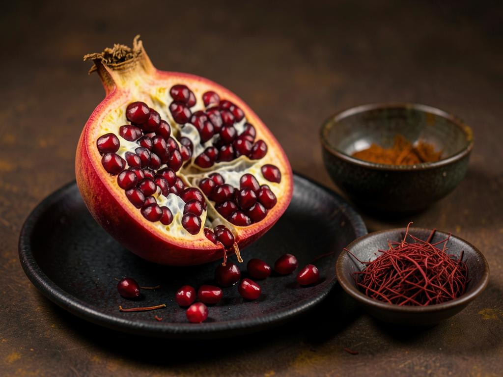 Aufgeschnittener Granatapfel mit Safranfäden