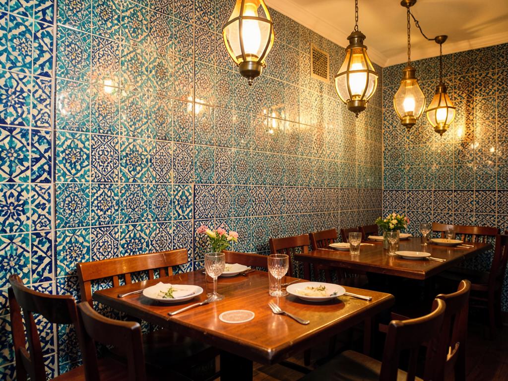 Interieur des Restaurants mit türkisen persischen Kacheln und warmen Laternen