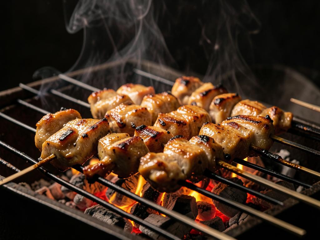 Kebab-Spiesse über glühender Grillkohle